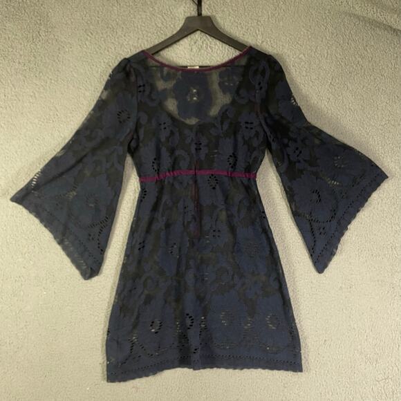 Free People Navy Lace Mini Dress Small Boho Sheer Bell Sleeve Festival Outfit - Picture 5 of 12